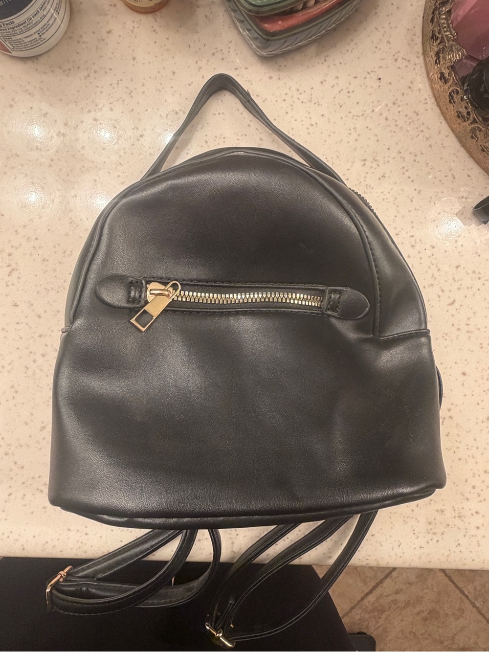 Classic Black Faux Leather Mini Backpack - Sleek Everyday Bag